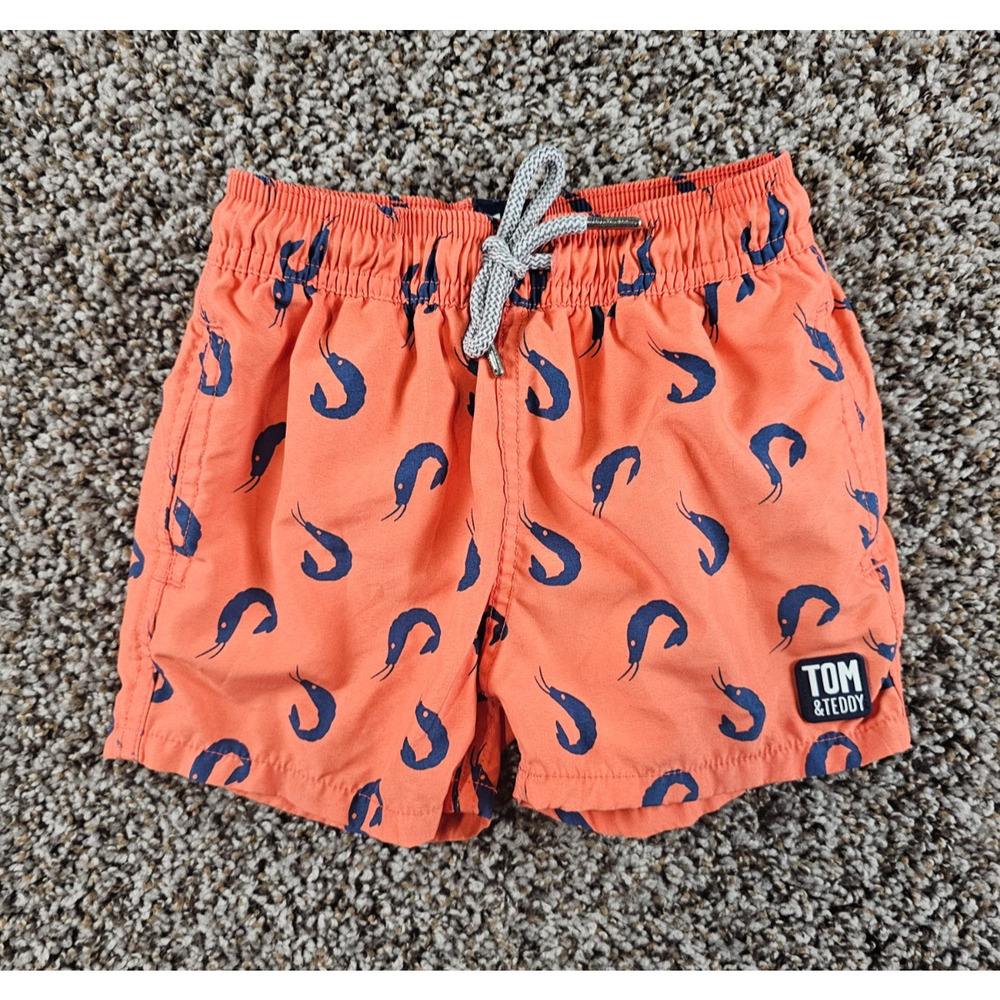 Tom & Teddy Baby Boys Sz 1/2 Swimsuit Swim Trunks Shrimp Print Orange Blue